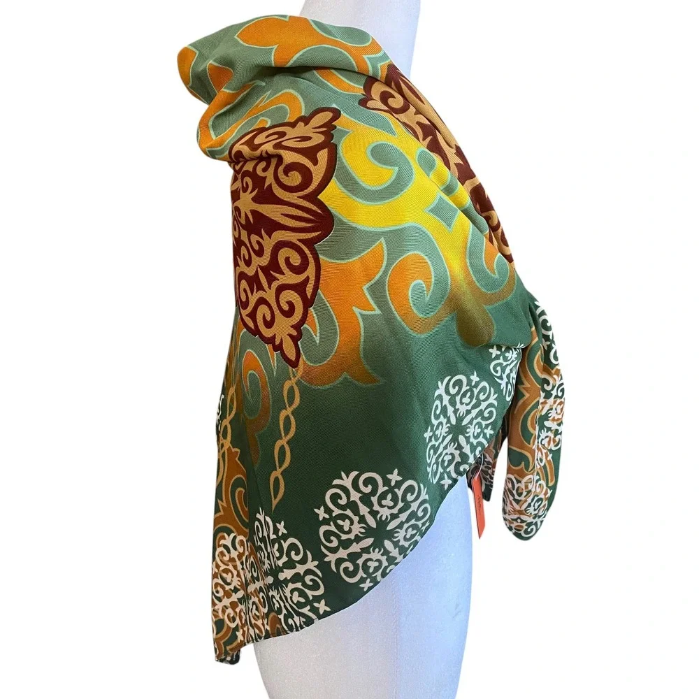 Fermes Paris Green Yellow Orange Damask Scrollwork Square Scarf Neckerchief